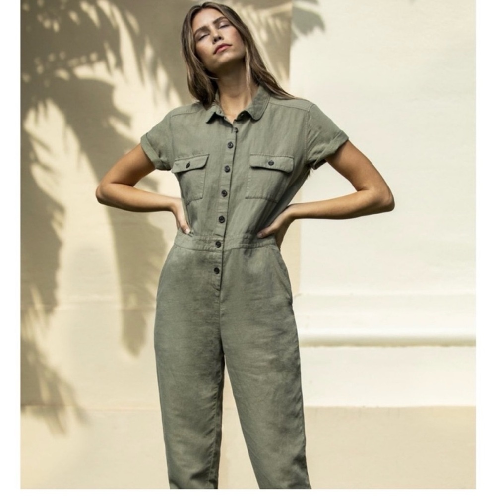 Outerknown SEA Utility Jumpsuit Olive Green Organic Cotton Linen Blend - Picture 4 of 14